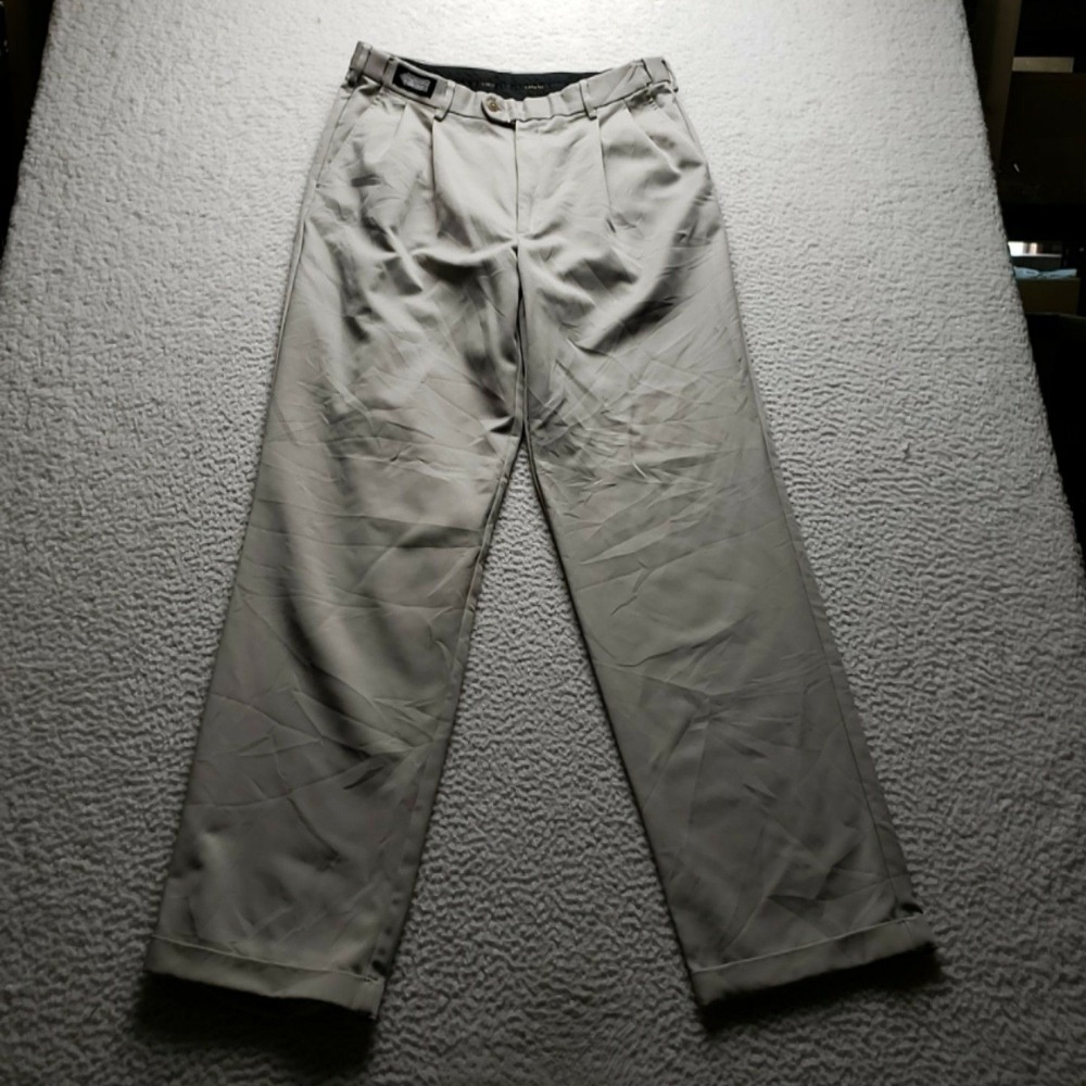 Savane Dress Pants Mens 34x34 Beige Comfort Plus Microfiber Pleated Cuffed